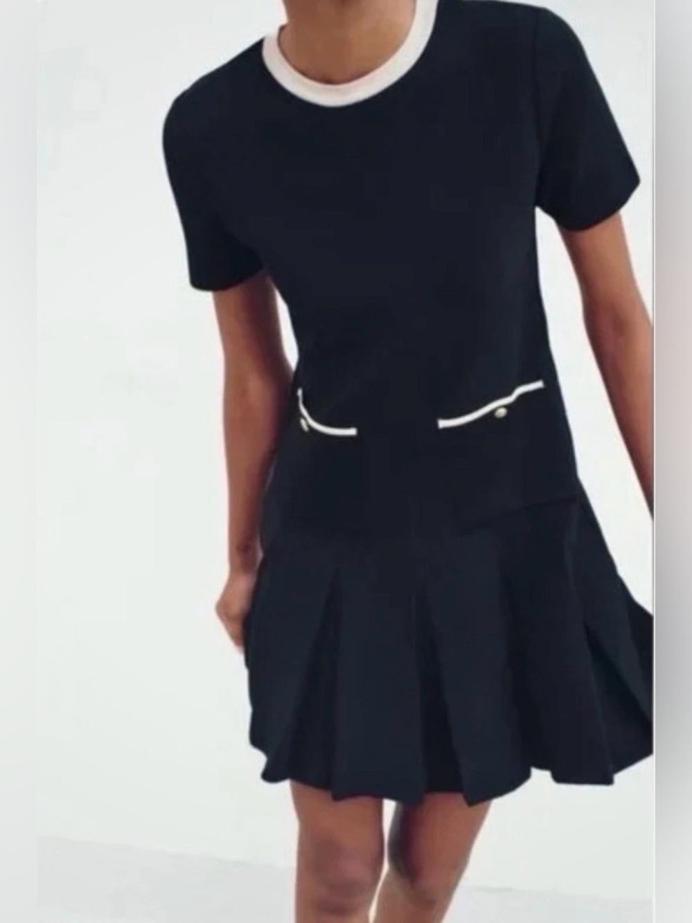 Zara NWT black Knit Dress White Piping Pleated Skirt Size XS Classic Preppy